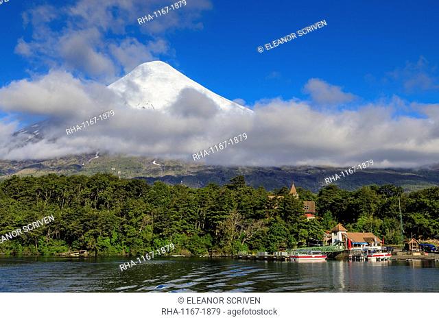 Petrohue, snow-capped, conical Osorno volcano, Lake Todos Los Santos, Vicente Perez Rosales National Park, Lakes District, Chile, South America