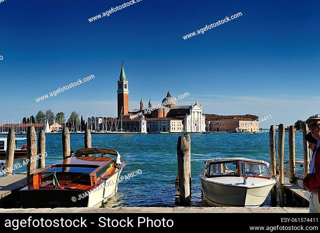 View from the Plaza San Marcos on the island of San Giorgio in Venice (Italy, Veneto) on a sunny day