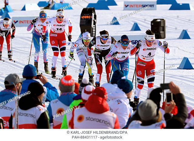 Marit Bjoergen of Norway reaches the finish line during the women's 2 x 7.5km cross-country event at the 2017 Nordic World Ski Championships in Lahti, Finland