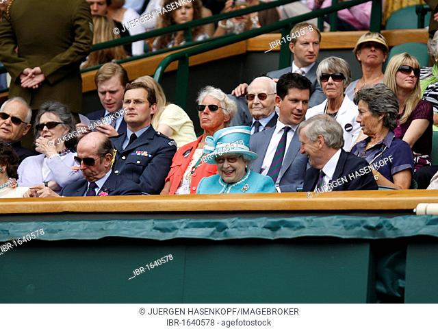 From left to right, Duke of Kent, Queen Elizabeth and club chairman Tim Phillips, behind, Tim Henman and Virginia Wade, Wimbledon 2010