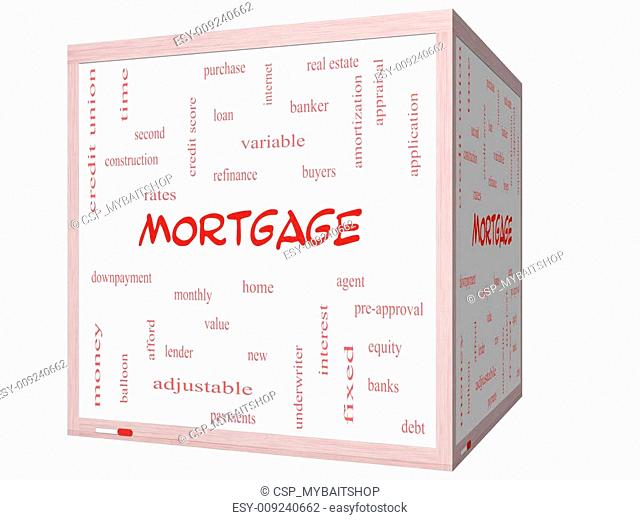 Mortgage Word Cloud Concept on a 3D cube Whiteboard