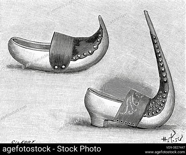 Clog shoe from the Pyrenees and clog shoe from Massat, Ariège. France. Old 19th century engraved illustration from La Nature 1893