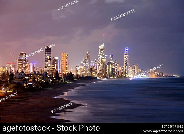 A view of Broadbeach and Surfers Paradise at dusk from Mick Schamburg Park Lookout in Miami, Queensland, Australia