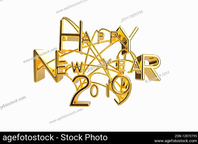 Happy New Year 2019 Christmas elegant golden lettering word with letters bound by strings isolated on white background. Holyday 3D illustration