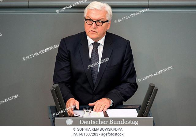 Minister for Foreign Affairs Frank-Walter Steinmeier (SPD) speaking during a meeting at the plenary hall of the German Bundestag in Berlin, Germany