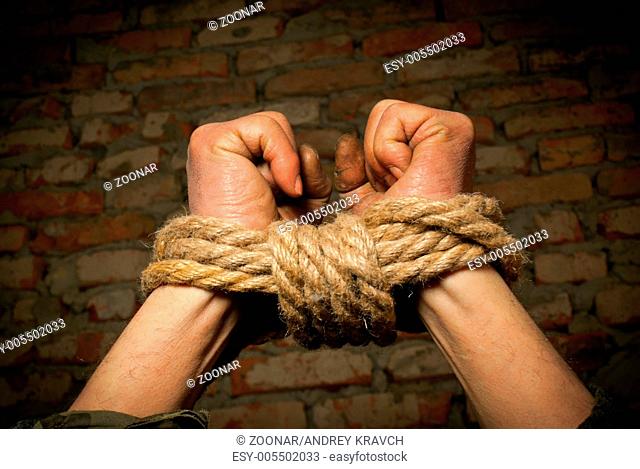 Hands of man tied up with rope