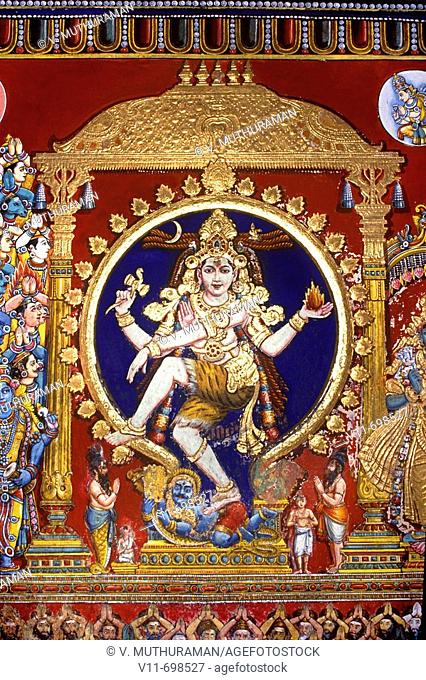 Mural: Lord Nataraja figure of Shiva, the Cosmic Dancer. Paintings on the walls of Chitra Sabha (hall of pictures) in Courtallam, Tamil Nadu, India