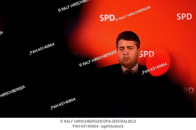 Sigmar Gabriel, chairman of Germany's Social Democratic Party (SPD), delivers remarks during a press conference on a historical estate in Nauen, Germany