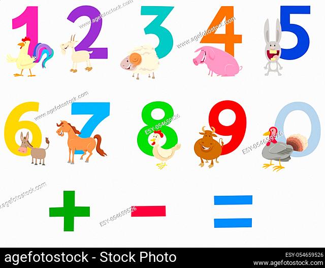 Cartoon Illustration of Numbers Set from Zero to Nine with Cute Farm Animal Characters