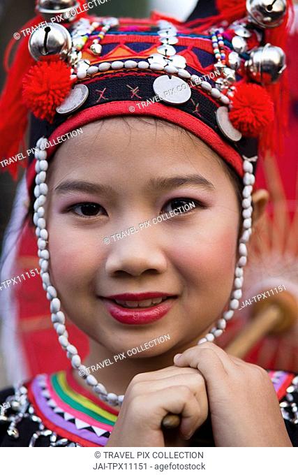Thailand, Golden Triangle, Chiang Mai, Meo Hilltribe Girl Wearing Traditional Costume