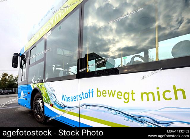 muenster, north rhine-westphalia, germany hydrogen bus in regular service fills up with h2 hydrogen at a mobile h2 hydrogen filling station