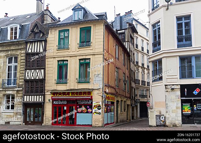 Rouen, France - August 30, 2018: Old houses in the tourist center of Rouen, built in the traditional Normandy style
