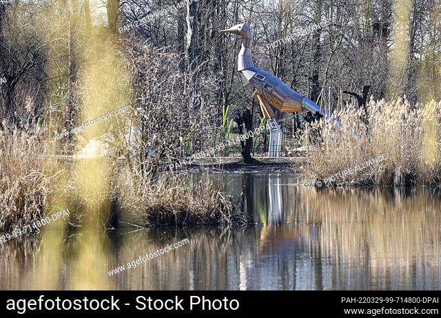 09 March 2022, Saxony, Torgau: A new climbing frame in the shape of a crane is one of the trademarks of the State Garden Show