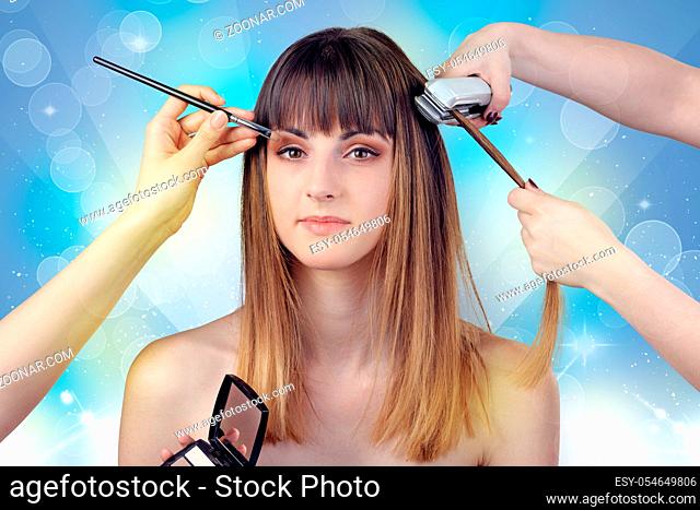Skinny young girl portrait in beauty salon with colourful shiny concept