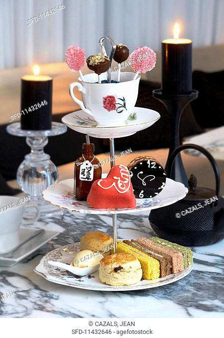 Cakes, biscuits, petit fours and cake pops for teatime in a restaurant