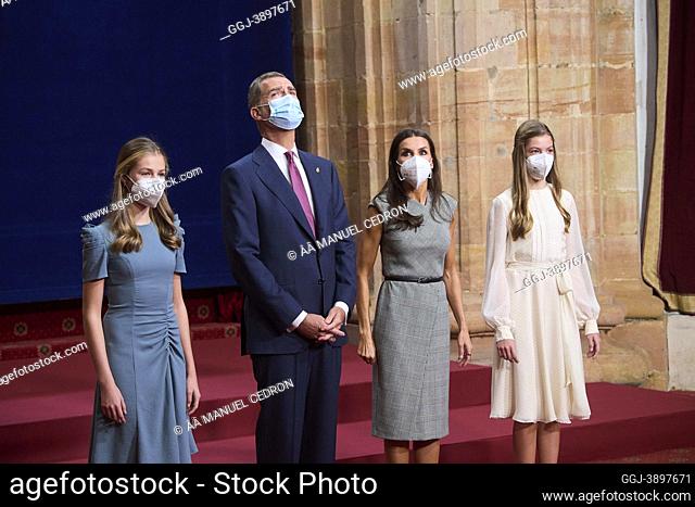 King Felipe VI of Spain, Queen Letizia of Spain, Crown Princess Leonor, Princess Sofia attends Audience with Winners of the 2021 Asturias Medals at Reconquista...
