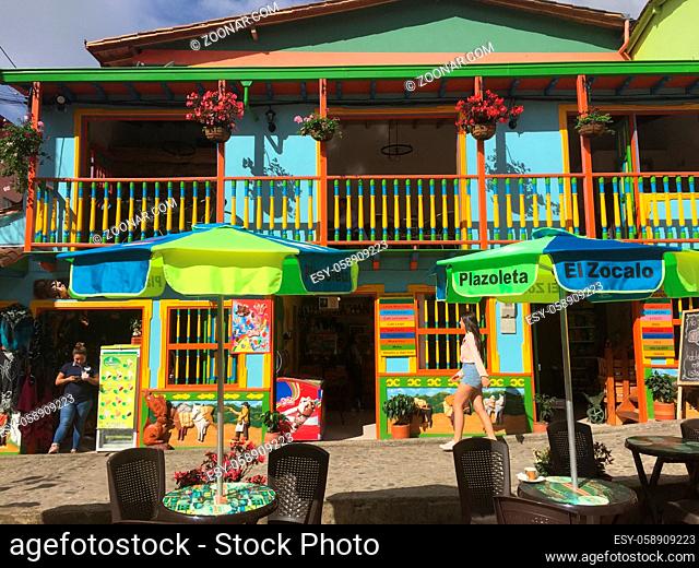 Guatape, Colombia - february 2018: Colorful streets and ornate houses of the city of Guatape near Medellin, Antioquia, Colombia