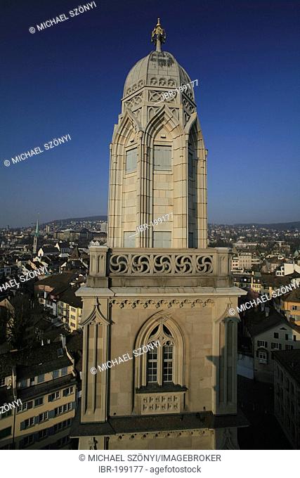 Eastern Tower of the Grossmuenster Cathedral as seen from the Western tower, Zurich, Switzerland