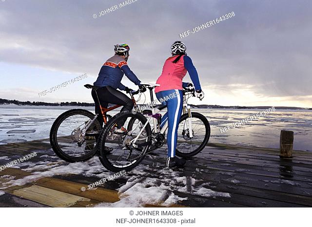Mature couple on mountain bikes looking at view