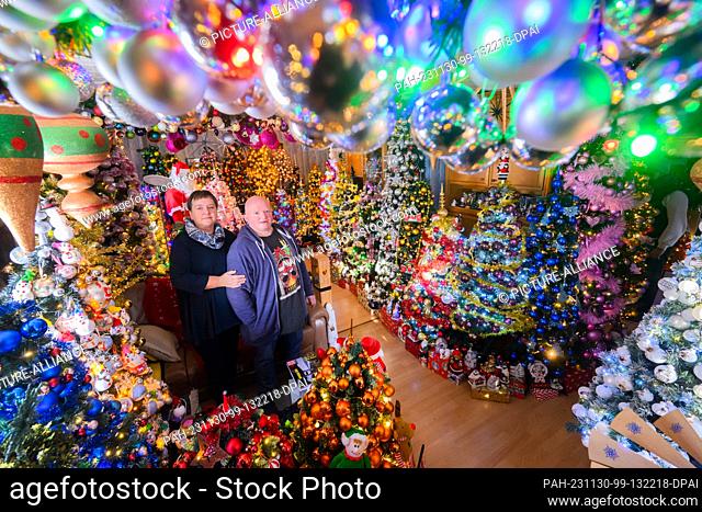 30 November 2023, Lower Saxony, Rinteln: Susanne and Thomas Jeromin are surrounded by Christmas trees in the living room of their home in the district of...