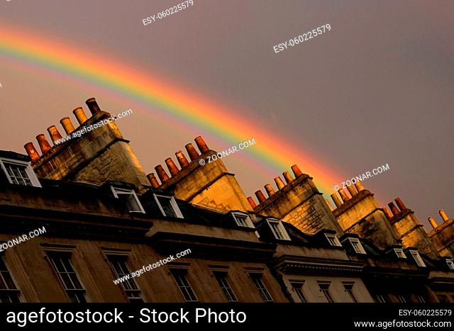 Background with rainbow over the buildings of Bath in the united kingdom england