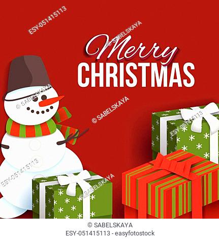Merry Christmas greeting card template with paper cut snowman and present boxes, vector illustration. Merry Christmas, Xmas greeting card with flat style