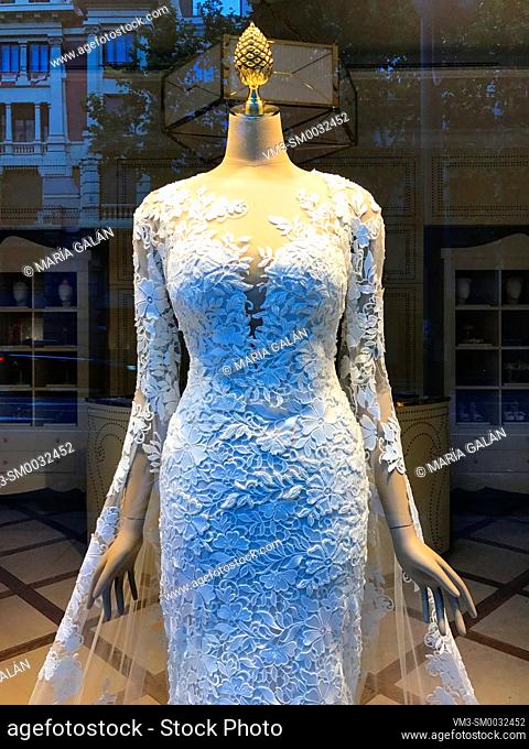 Wedding dress in a shop window. Madrid, Spain
