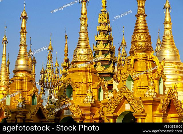 Golden Stupas At The Shwedagon Pagoda, Yangon, Myanmar