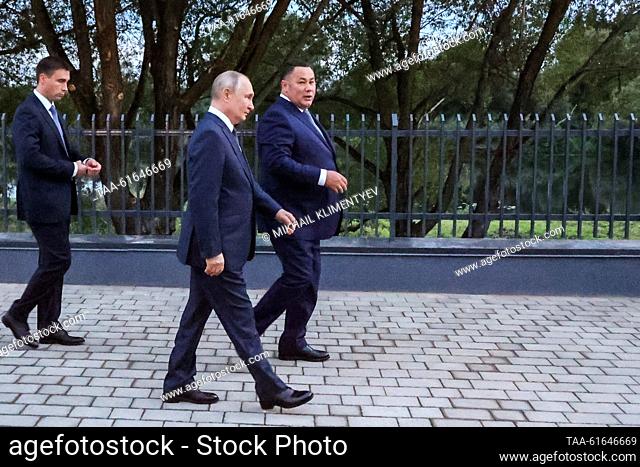 RUSSIA, TVER REGION - SEPTEMBER 1, 2023: Russia's President Vladimir Putin (2nd L) and Tver Region Governor Igor Rudenya (R) are seen during a tour of new...