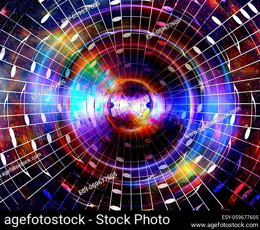 music notes and silhouette of music speaker in space with stars. abstract color background. Music concept