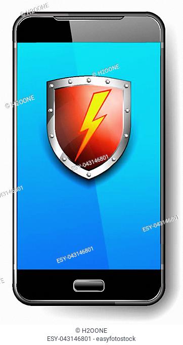 Phone Protection Concept with Red Shield with Lightning Bolt Safeguard Icon, Symbol