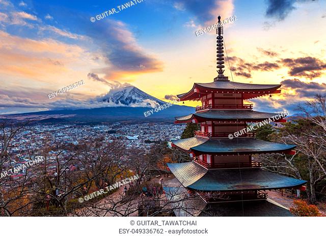 Beautiful landmark of Fuji mountain and Chureito Pagoda at sunset, Japan