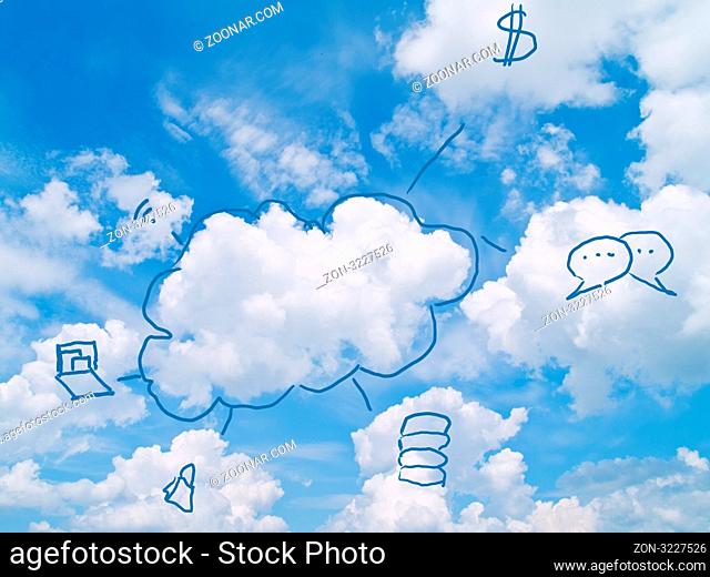 cloud computing concept - drawing of scheme on clody sky