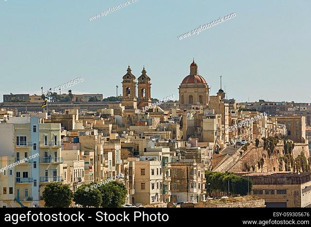 View of a coastal area and downtown of Valletta in Malta