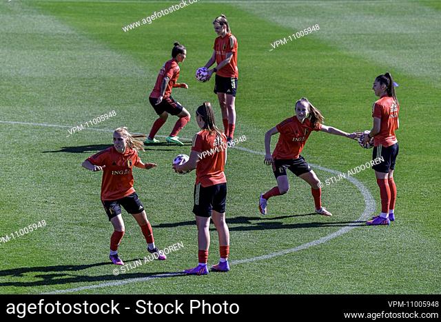 Belgium's Janice Cayman and Belgium's Sari Kees pictured in action during a winter training camp of Belgium's national women's soccer team the Red Flames