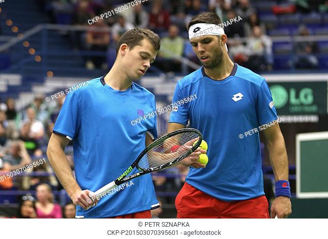 Adam Pavlasek (left) and his partner Jiri Vesely (right) of Czech Republic pictured during their Davis Cup World Group first round doubles tennis match against...