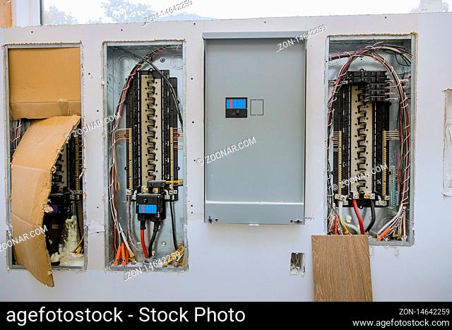 Switchboard electrical voltage box with wires with circuit breakers