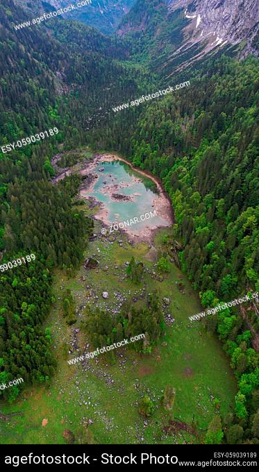 Alpine mountain lake Gosausee Gosaulacke aerial drone view - Salzkammergut Austria