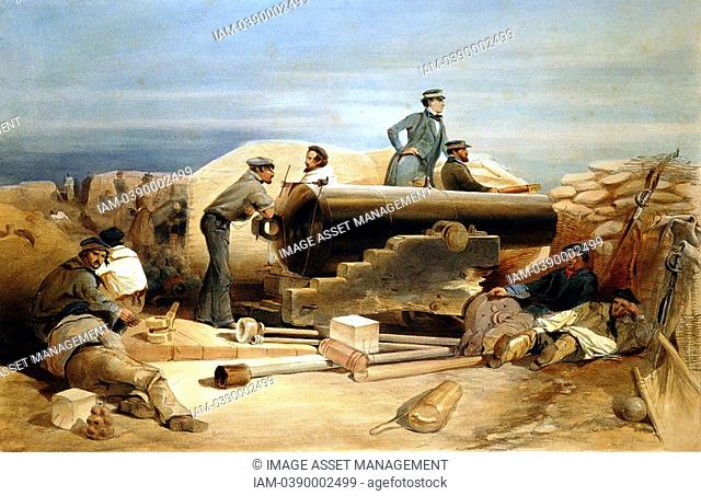 Crimean Russo-Turkish War 1853-56: 'A Quiet Day in the Diamond Battery - portrait of a Lancaster 68-pounder'  From William Simpson 'Illustrations of the War in...