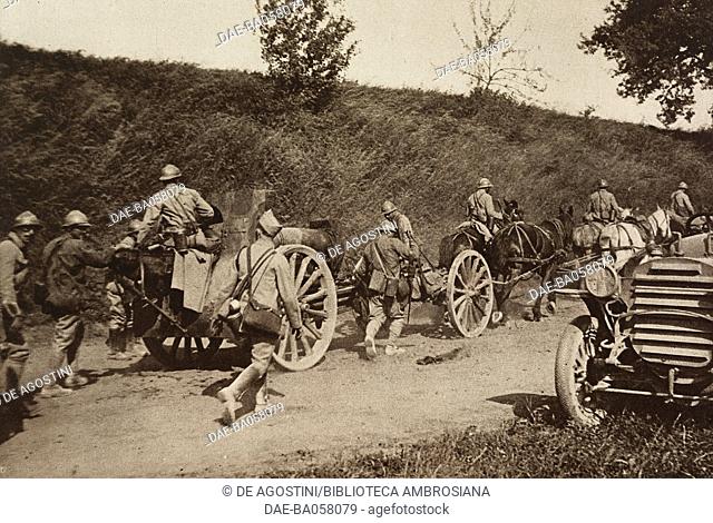 Artillerymen retreating to redeploy themselves, outskirts of Soissons, France, Third Battle of the Aisne, First World War