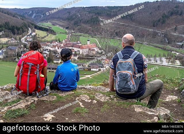 Europe, Germany, Southern Germany, Baden-Wuerttemberg, Danube valley, Sigmaringen, Beuron, family enjoys view of Danube valley with Beuron monastery