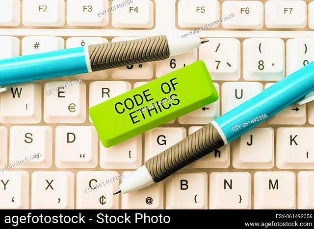 Inspiration showing sign Code Of Ethics, Word Written on Moral Rules Ethical Integrity Honesty Good procedure Businesswoman Holding Cellphone And Presenting...