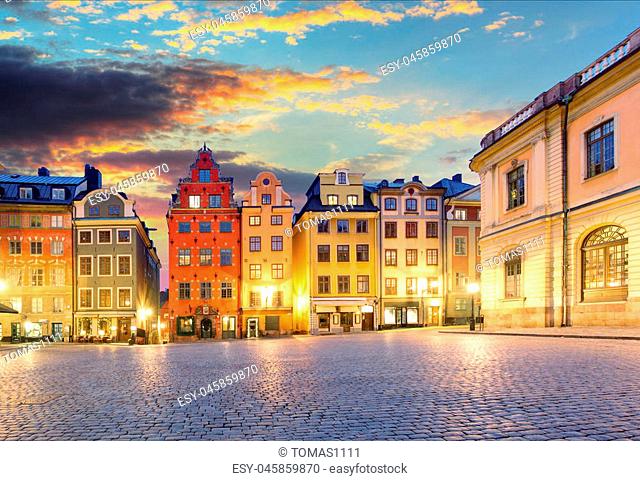 Scenic summer night - Big Square (Stortorget) in the Old Town (Gamla Stan) in Stockholm, Sweden