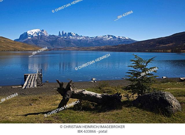 Lake Laguna Azul at the Torres del Paine mountains, National Park Torres del Paine, Patagonia, Chile, South America