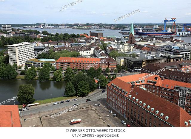 Germany, Kiel, Kiel Fjord, Baltic Sea, Schleswig-Holstein, panoramic view, ahead city hall square and Ahlmann House, Ahlmann Bank, behind Kleiner Kiel