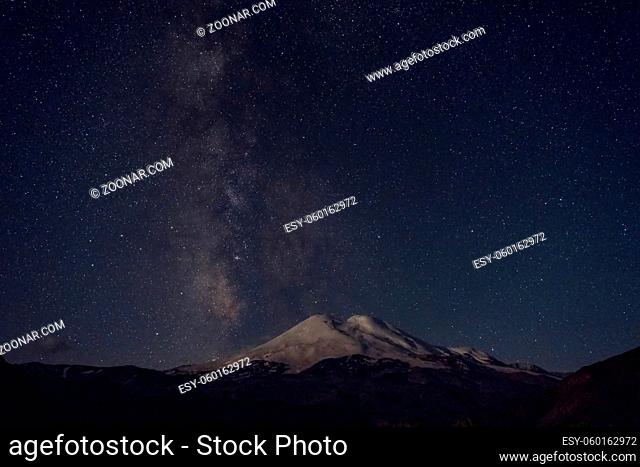 Stars of the Milky Way at night in the sky above Mount Elbrus., Caucasus. The highest peak of Russia and Europe is 5642m