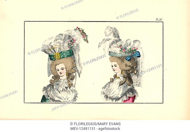Bonnet a la Randan, green taffeta band with gold insignia and white feathers and gauze, and bonnet a la Bayard, a pouf a la chinoise with gauze and feathers