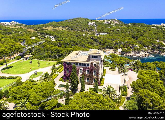Aerial view, Villa March, Sa Torre Cega palace, Cala Gat, Cala Ratjada, Majorca, Balearic Islands, Spain, Europe