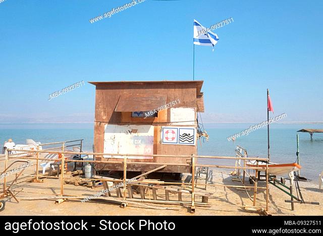 Lifeguard post at Dead Sea. The red flag is raised all the time due to dangerous sea