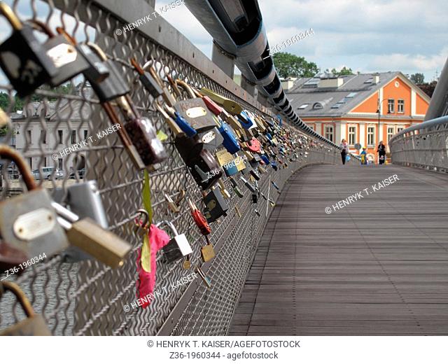 Lovers memory, padlocks on bridge over Vistula River, Krakow, Poland